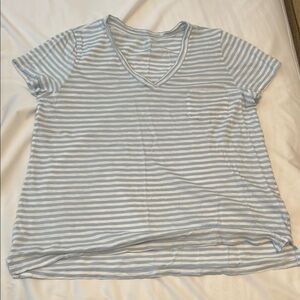 Caslon V-neck pocket short sleeve shirt, blue and white stripe, large